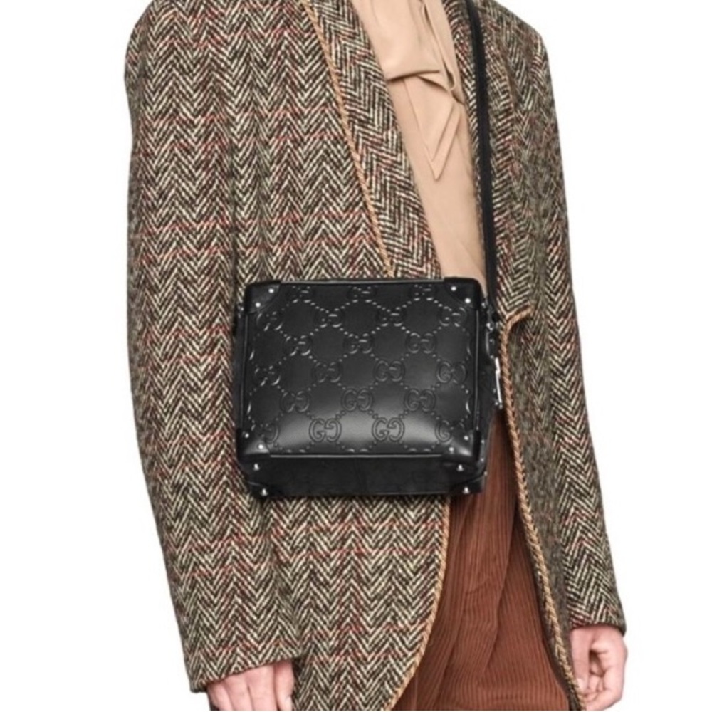 Gucci #626363 GG Embossed Black Leather Unisex Messenger Trunk Bag in Gucci box.